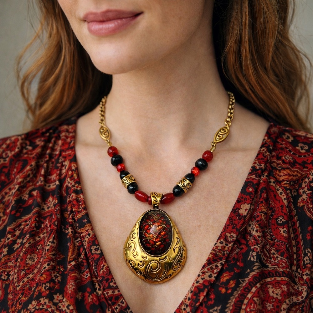 CHICO'S DESIGNER NECKLACE, GLASS & GOLDTONE BEADS, BRASS PENDANT w/ GLASS STONE